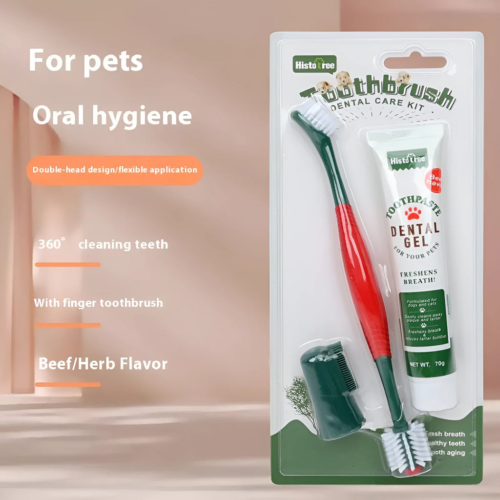 Pet finger stall toothbrush and toothpaste set for cats and dogs, plastic 360 degree brush, beef and vanilla flavour options
