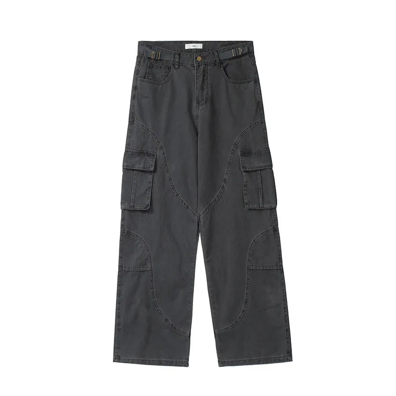 Autumn winter washed worn loose straight-leg overalls in black with pocket decoration