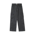 Autumn winter washed worn loose straight-leg overalls in black with pocket decoration
