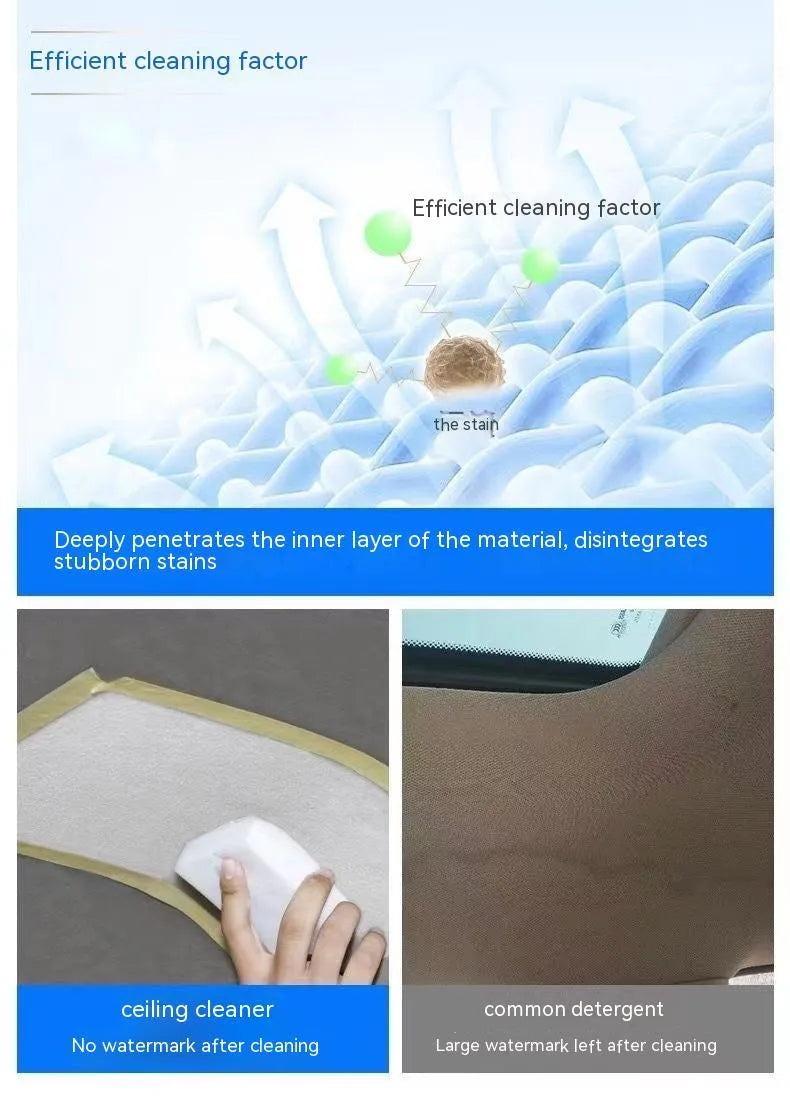 Bottle of wash free ultrasonic fabric roof cleaner with herb essence and oxidase for interior ceilings.