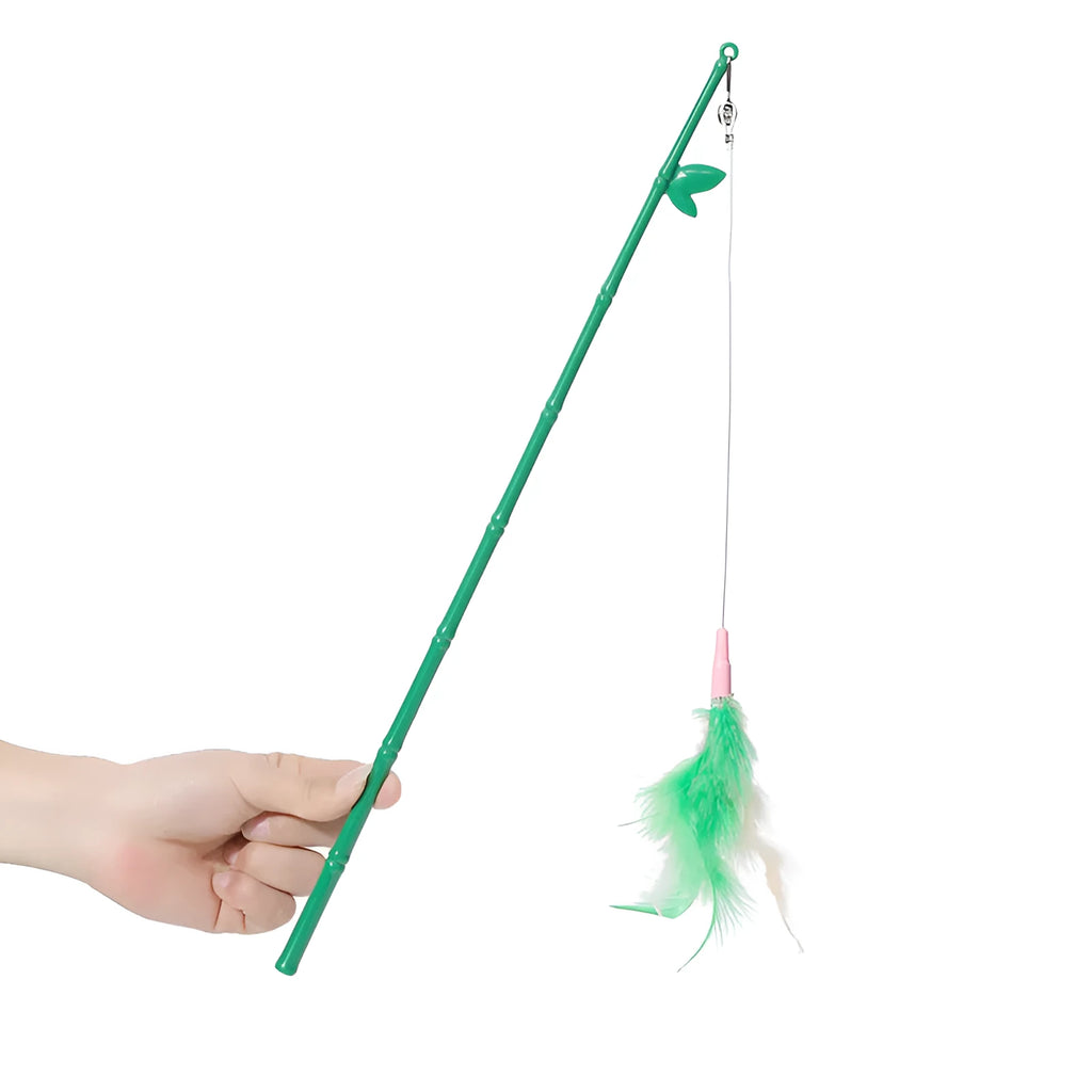 Green interactive cat feather wand toy with bell and feather attachments