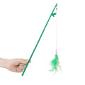 Green interactive cat feather wand toy with bell and feather attachments