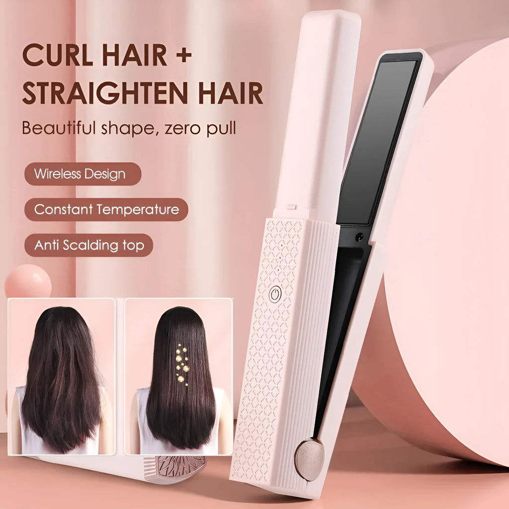 Cordless USB hair straightener with ceramic heater, three temperature settings, pink colour