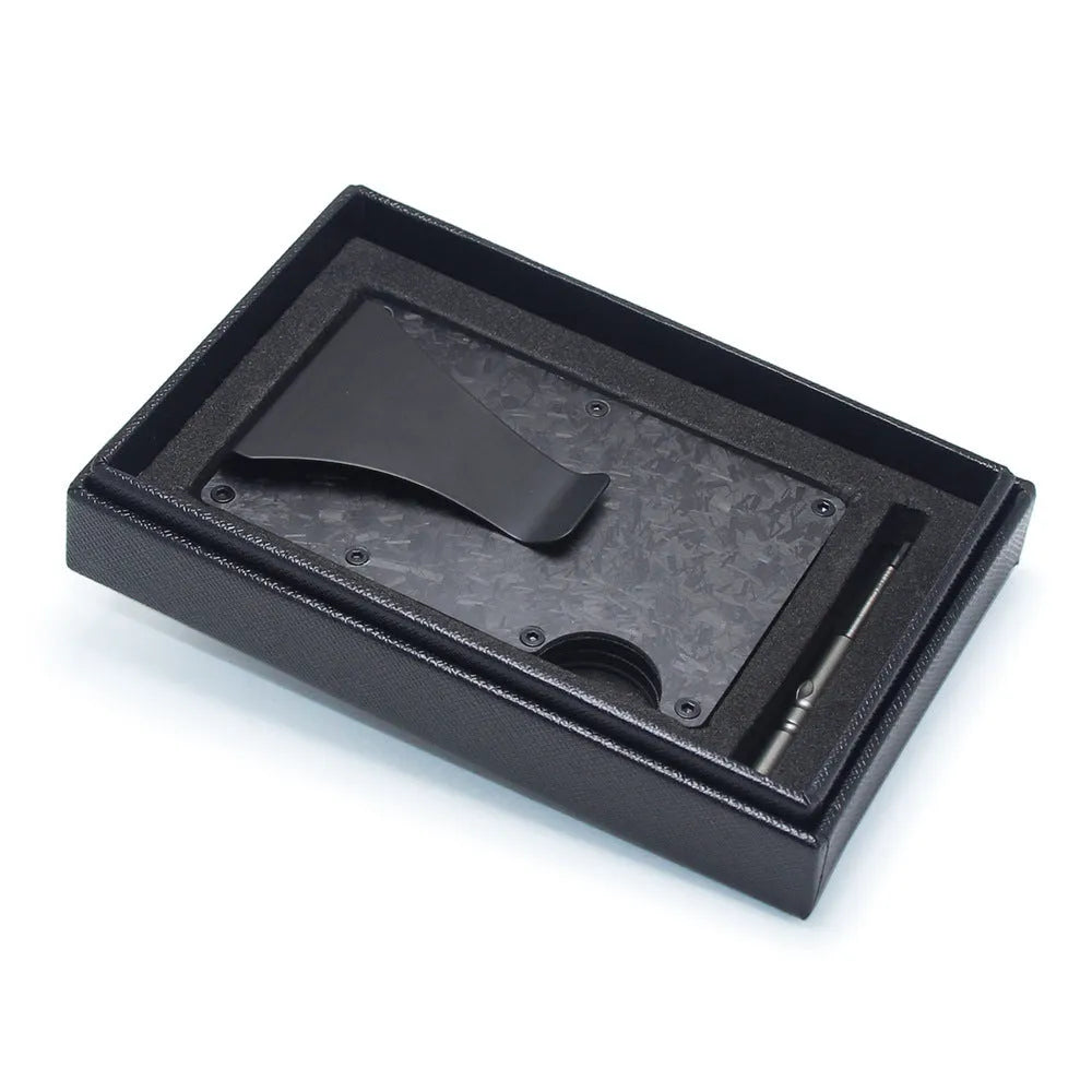 Geometric carbon fibre card holder showing 8mm thickness with capacity for multiple bank cards