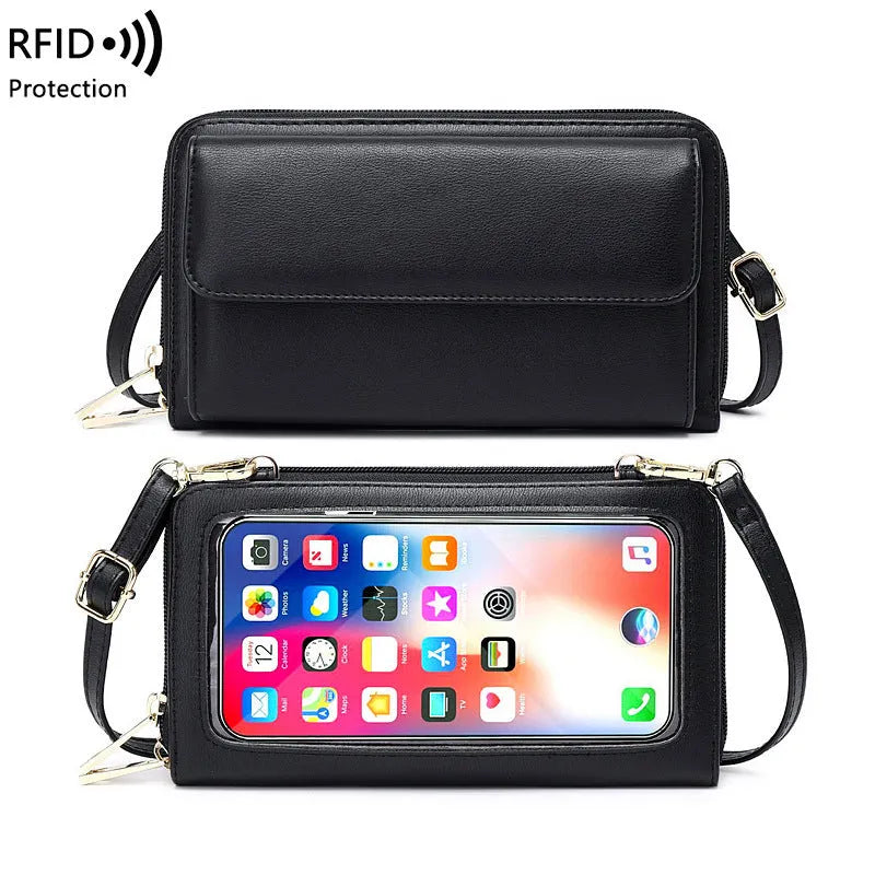 Anti-theft touch screen phone bag crossbody wallet in PU leather, 20.5cm width, multiple colours