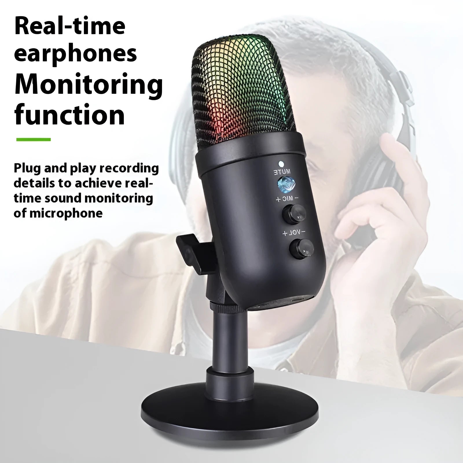 Black USB microphone with RGB lighting for computer and mobile streaming, gaming, and recording
