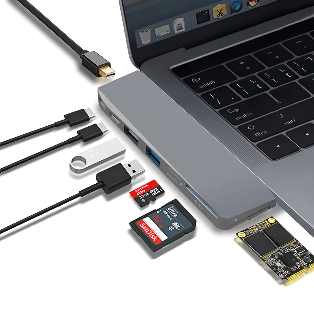 Silver 8-in-1 USB-C hub for MacBook Pro with dual connectors and multiple ports