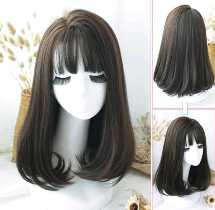 50cm long straight wig with air bangs in high temperature fibre, suitable for any skin tone
