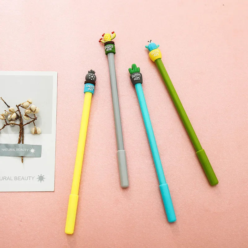 Potted cactus gel pen set 4 pens plastic silicone 18.5cm fine 0.5mm tip blue colorful gray green yellow