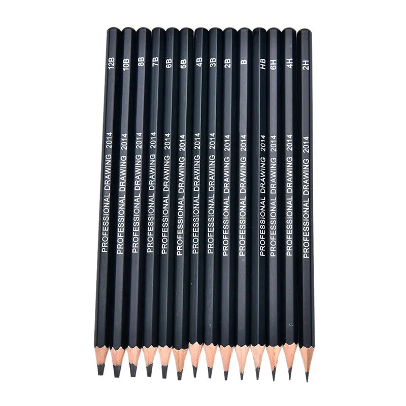 Boxed set of fourteen black sketching pencils ranging from 6H to 12B, each 18 cm long
