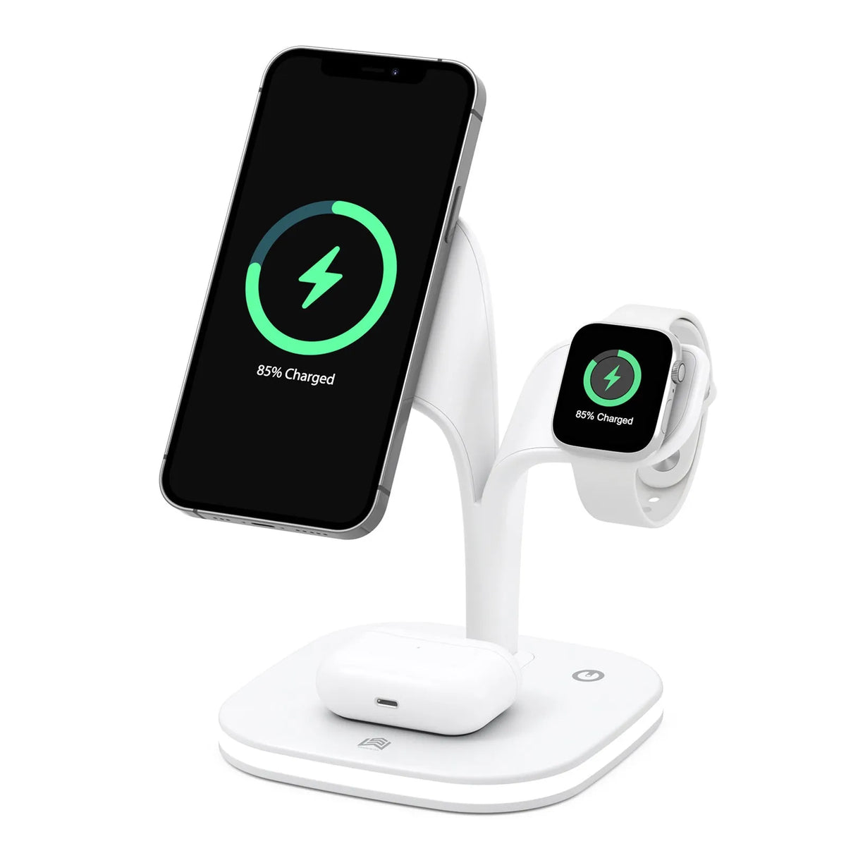 Black desktop wireless charging stand showing phone, watch and headphone charging simultaneously