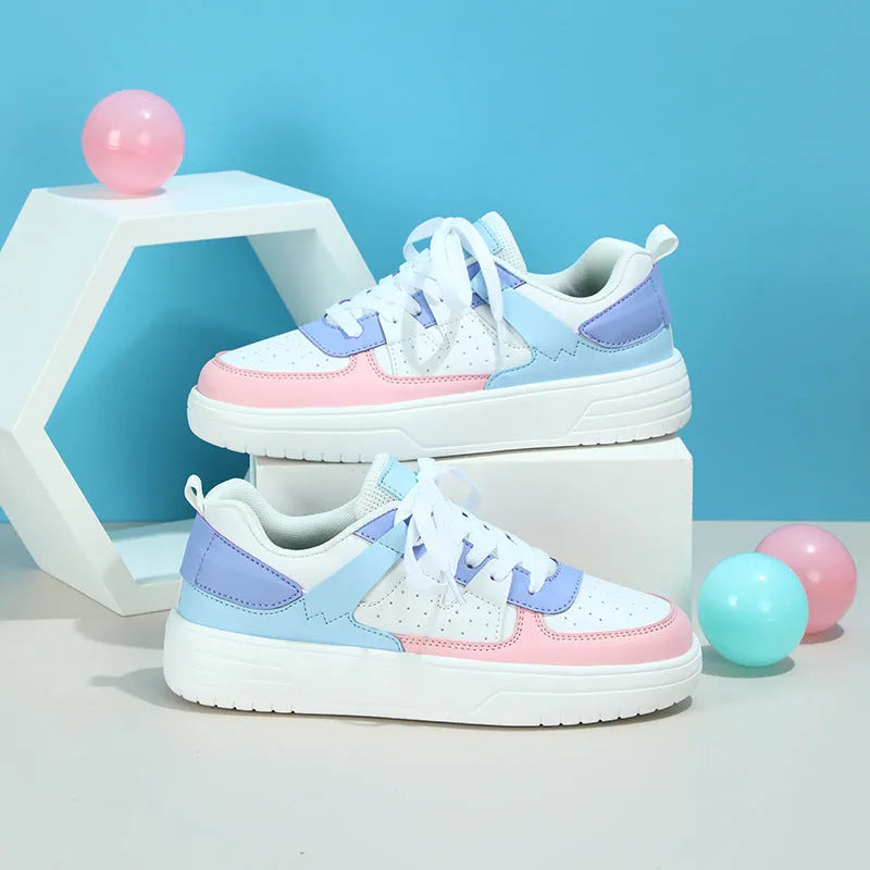 Couple platform sneakers with white upper, round toe, and EVA sole with lace-up closure.
