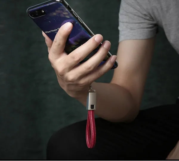 Short 20cm leather-braided USB C to Apple Lightning charging cable with zinc alloy connectors