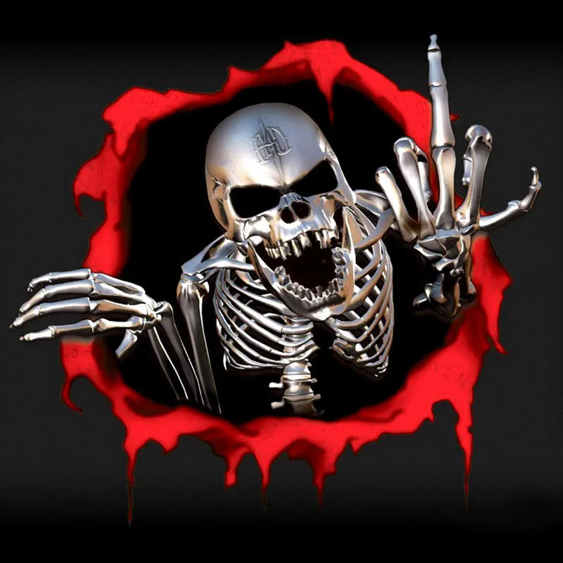 Colourful reflective metal skull bumper sticker on a car bumper.