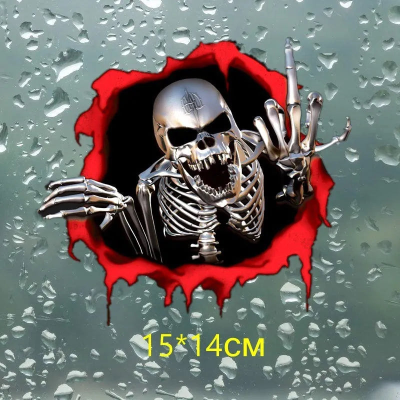 Colourful reflective metal skull bumper sticker on a car bumper.