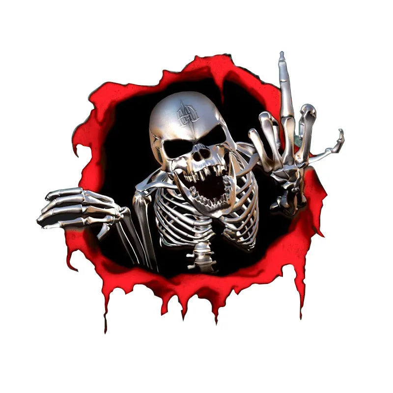 Colourful reflective metal skull bumper sticker on a car bumper.