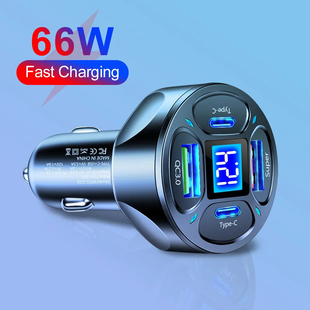 66W car charger with digital display showing 2 USB and 2 Type-C ports