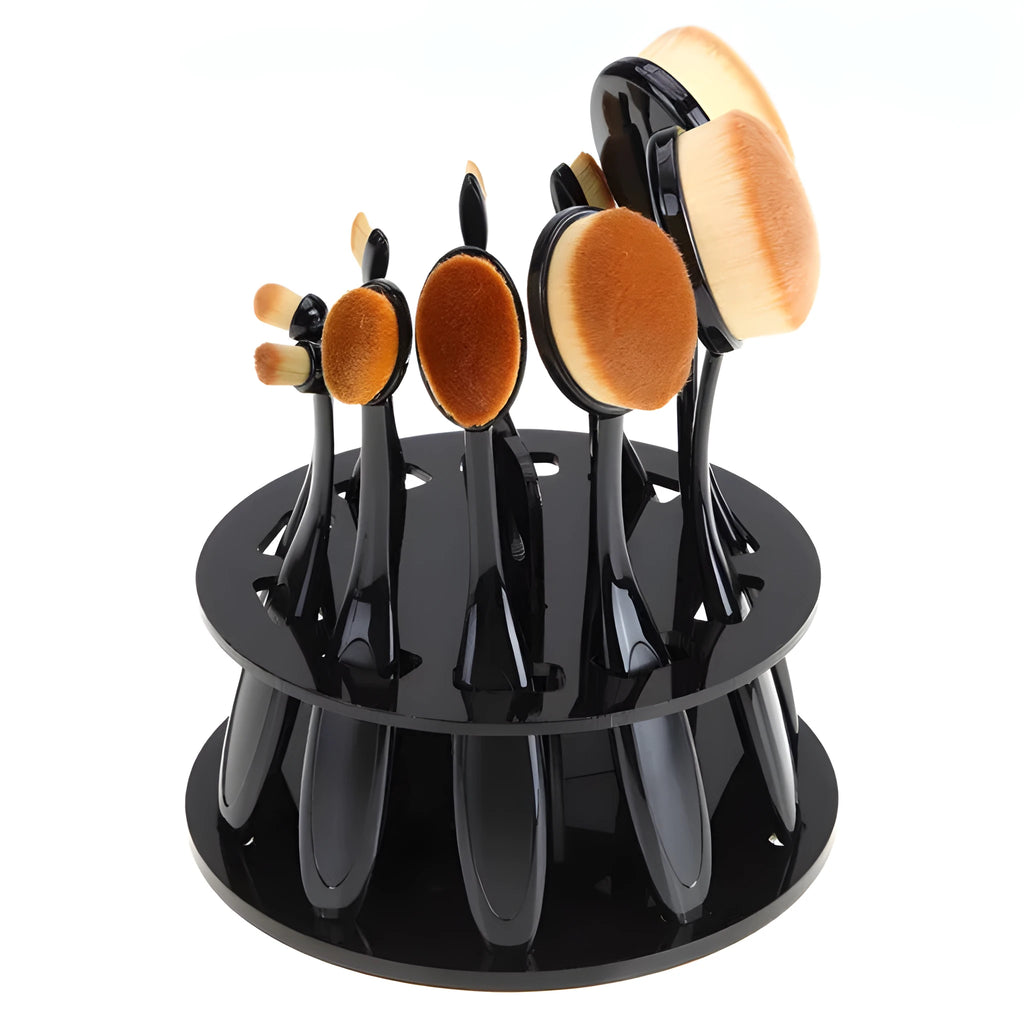 Round black plastic makeup brush holder with 10 holes for storing brushes upright on a vanity or bathroom counter