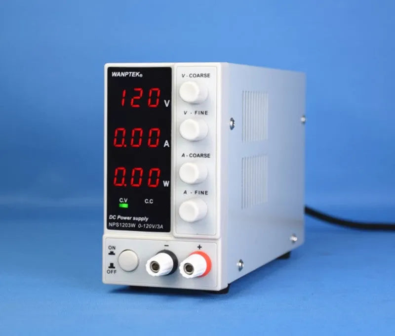 White adjustable DC bench power supply for mobile phone and notebook repair with voltage and current controls.