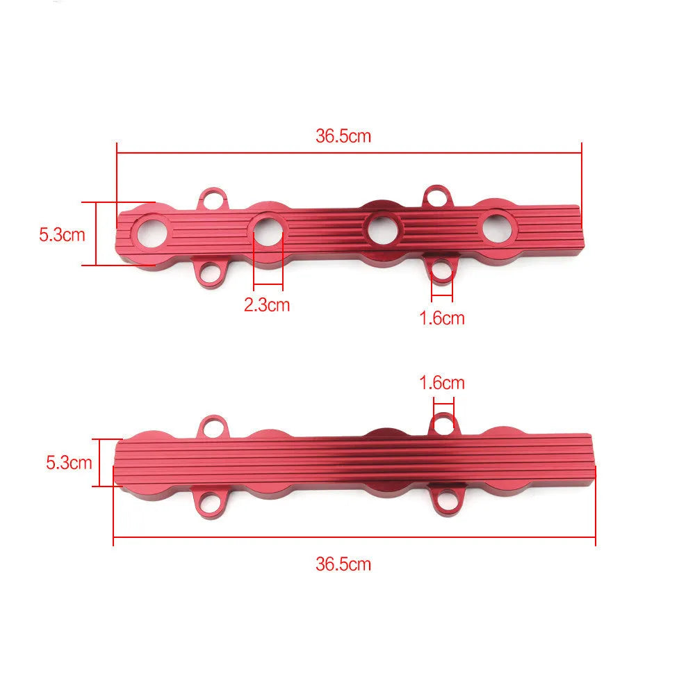Aluminium alloy engine harness housing cover in blue, red, and silver, shown with and without mounting holes.