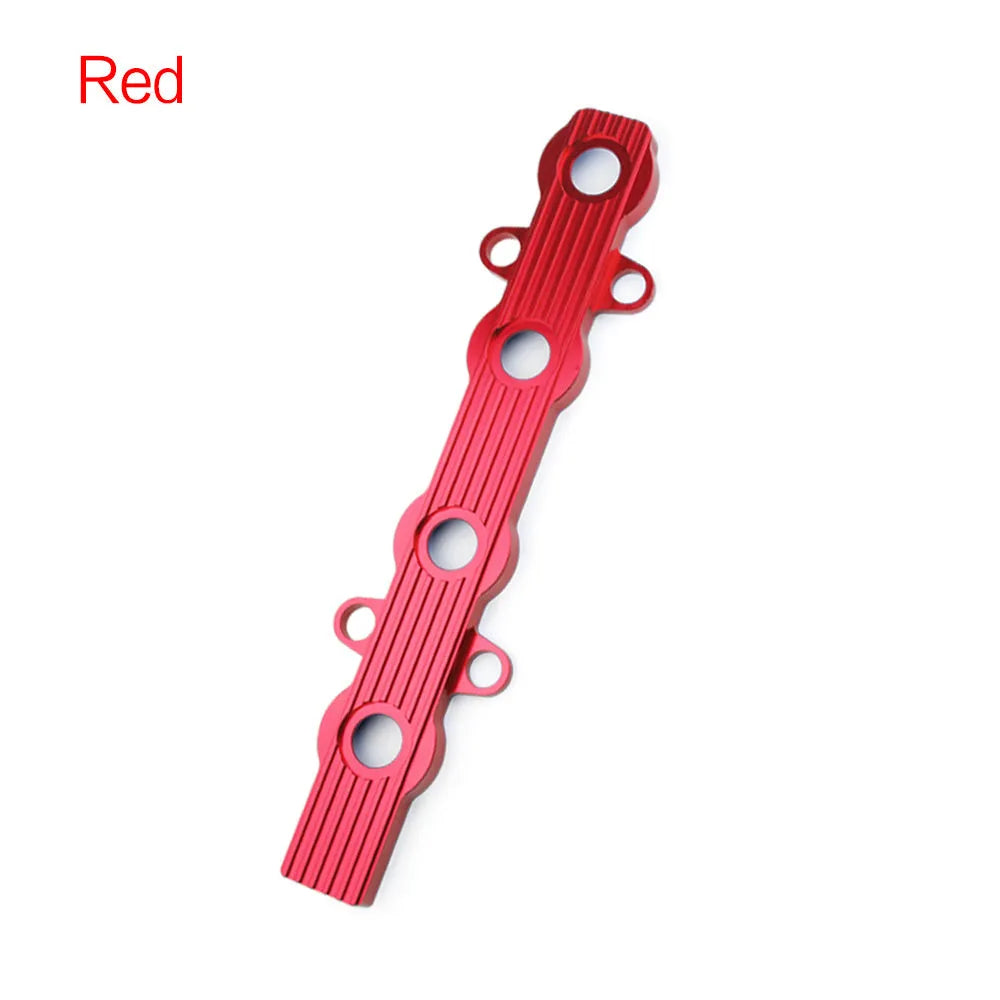 Aluminium alloy engine harness housing cover in blue, red, and silver, shown with and without mounting holes.