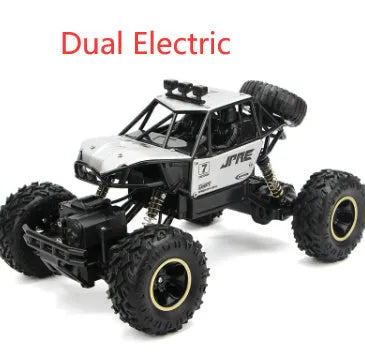 Black and silver 2.4G wireless remote control off-road cars in 28cm and 37cm sizes on rough terrain