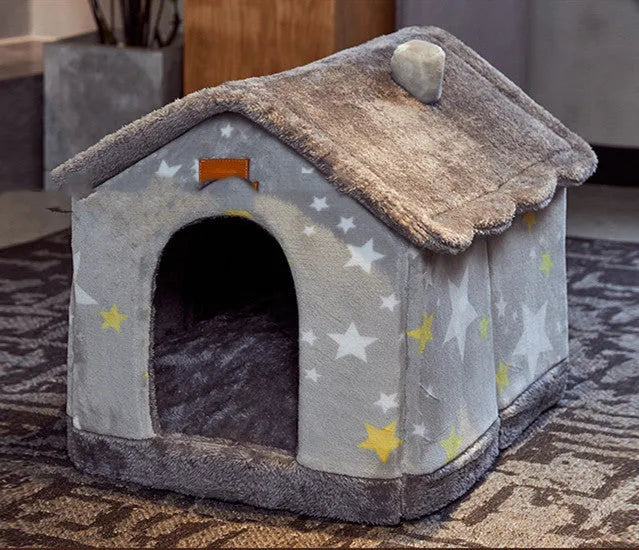 Removable washable closed dog house for small dogs and cats in brown rabbit plush