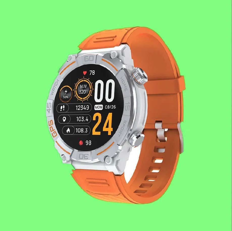 MG02 smart watch in black, khaki, or silver orange with a strap and charging cable.