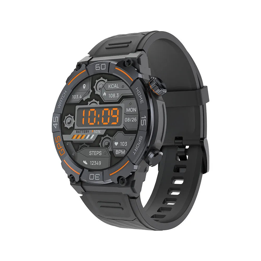 MG02 smart watch in black, khaki, or silver orange with a strap and charging cable.