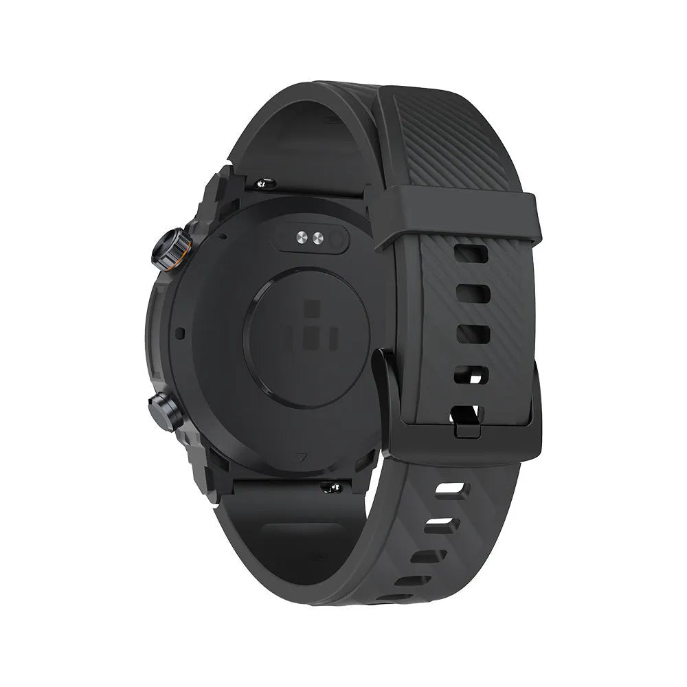 MG02 smart watch in black, khaki, or silver orange with a strap and charging cable.