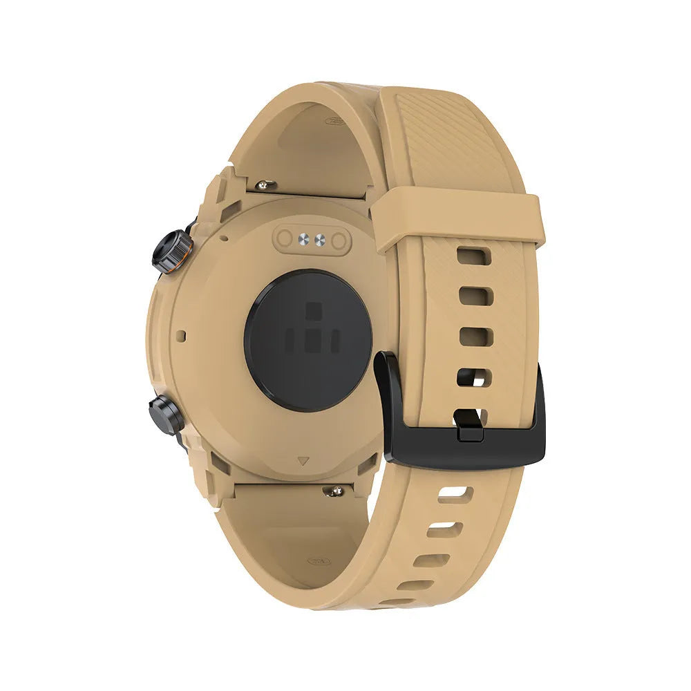 MG02 smart watch in black, khaki, or silver orange with a strap and charging cable.
