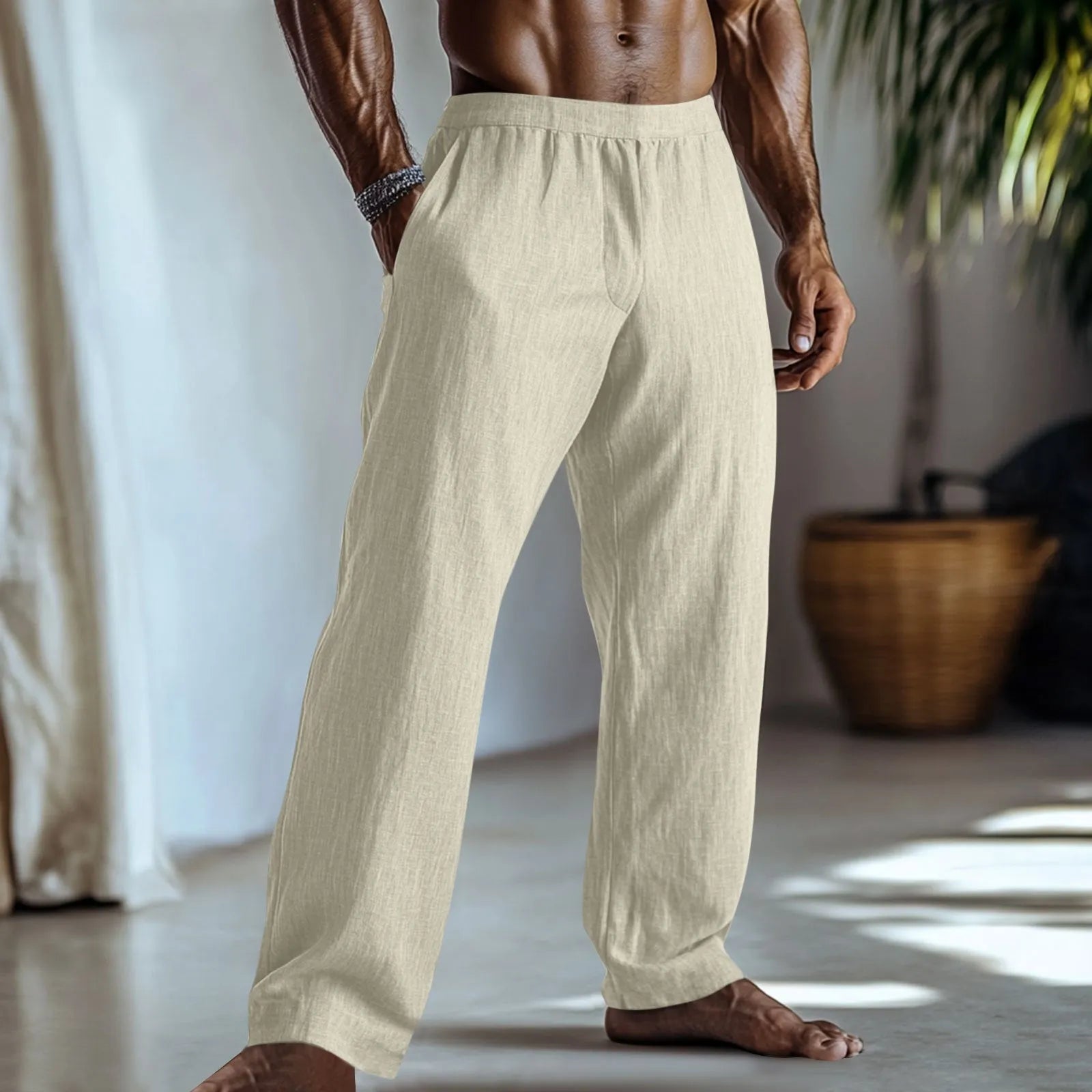Cotton and linen straight leg casual trousers in a solid colour with side pockets