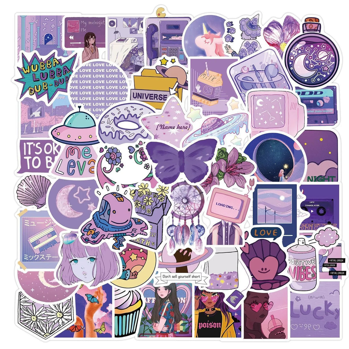 Cute purple graffiti stickers, 50 self-adhesive decals in colourful cartoon skin pattern, 4-6cm
