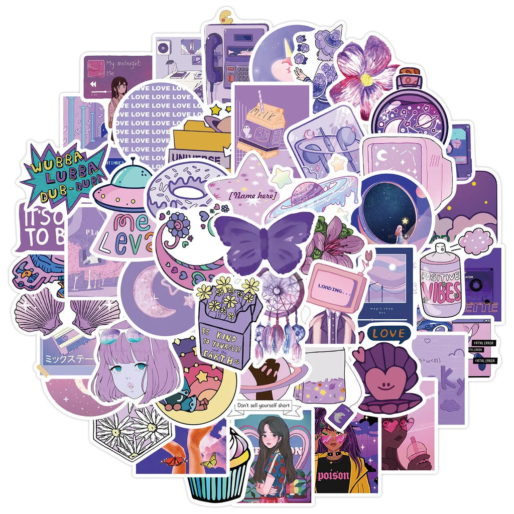 Cute purple graffiti stickers, 50 self-adhesive decals in colourful cartoon skin pattern, 4-6cm