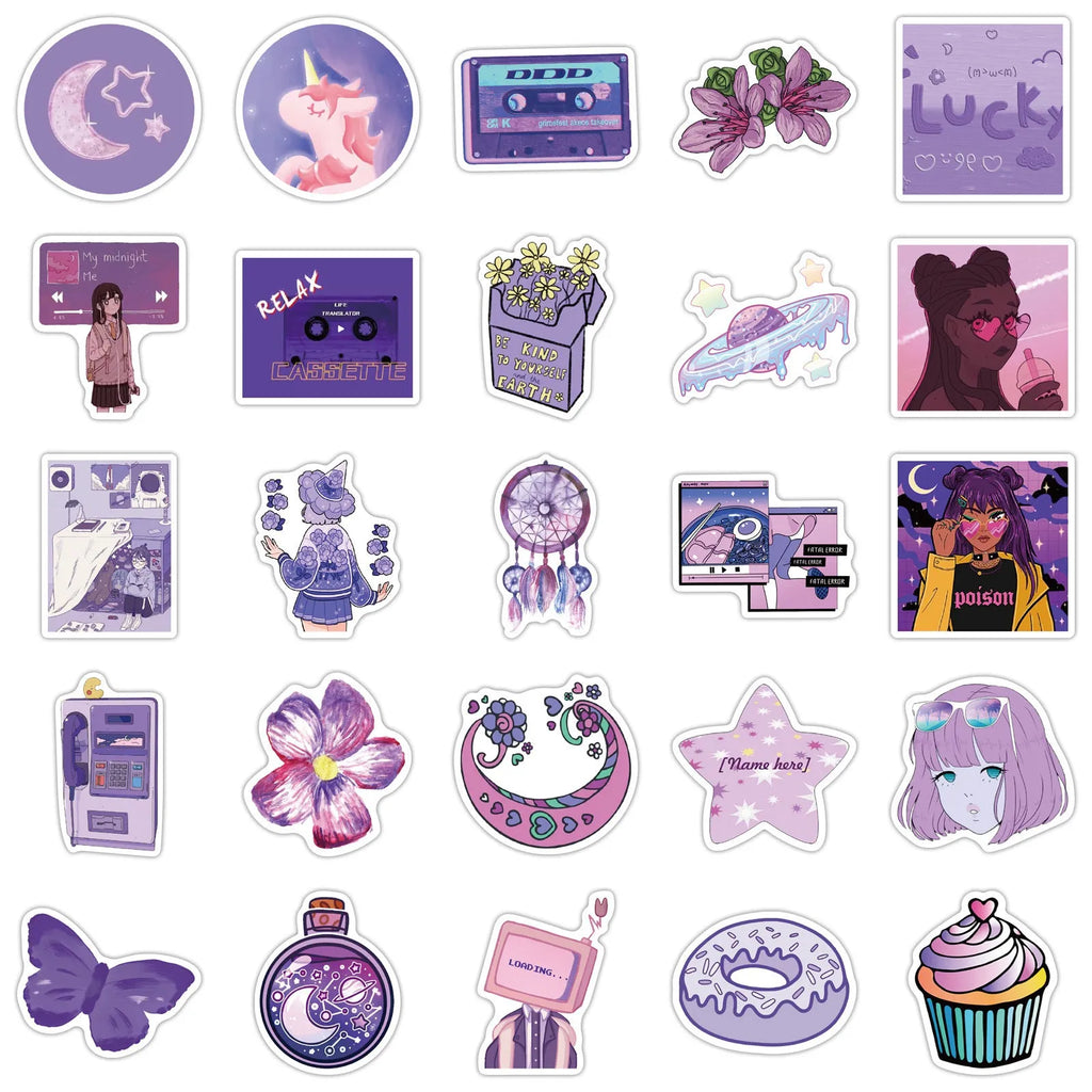 Cute purple graffiti stickers, 50 self-adhesive decals in colourful cartoon skin pattern, 4-6cm