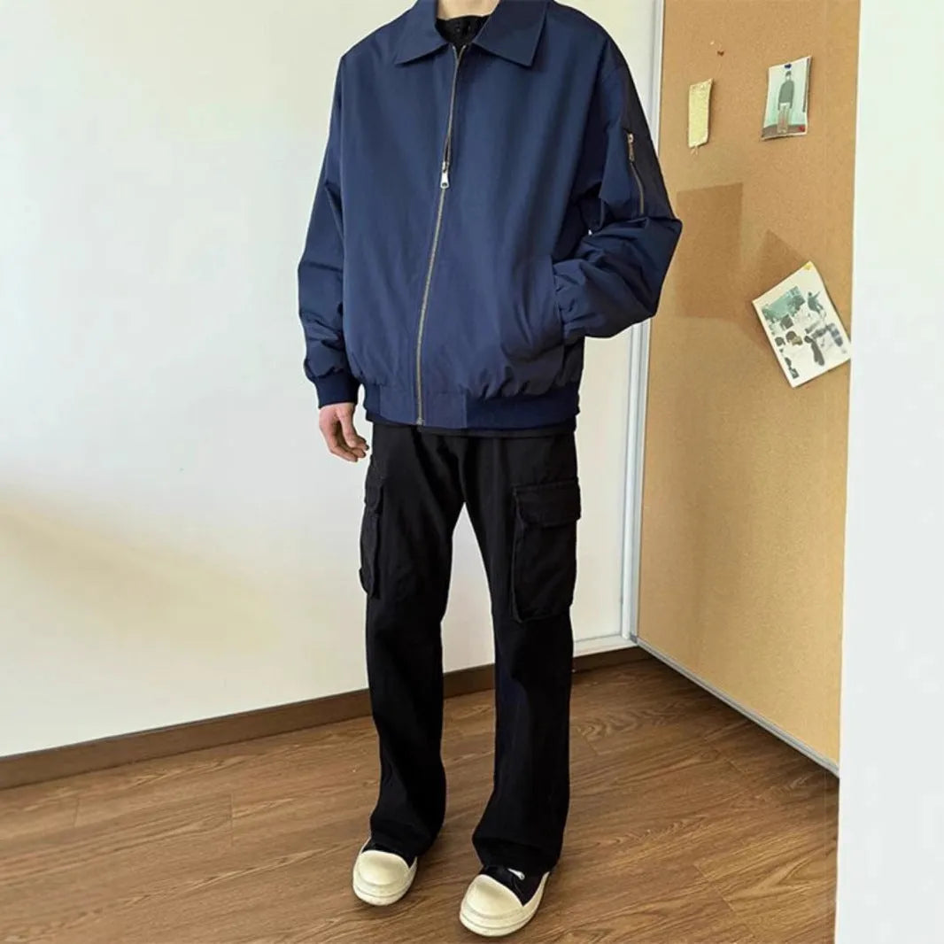 New high street fashion brand navy blue short baseball uniform jacket loose fit for teenagers