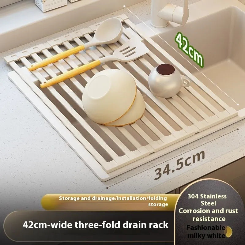 Milky white 304 stainless steel foldable kitchen draining rack over sink