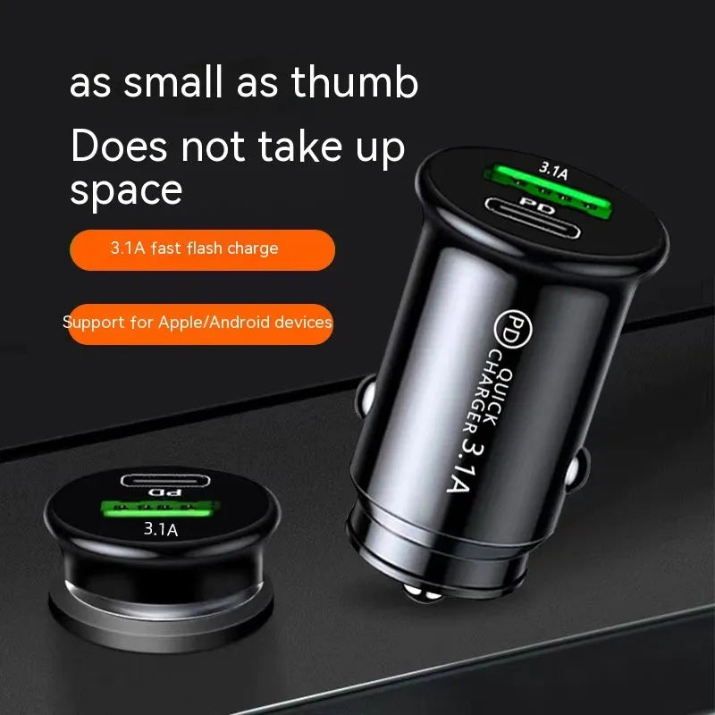 Black and white dual USB car charger with USB-A and USB-C ports for vehicle cigarette lighter socket.
