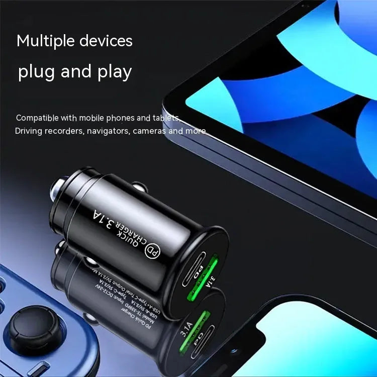 Black and white dual USB car charger with USB-A and USB-C ports for vehicle cigarette lighter socket.