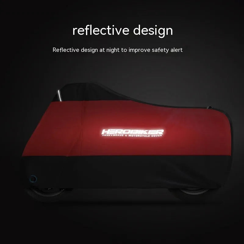 Black polyester electric vehicle cover with anti-theft and heat insulation features protecting a motorcycle body from rain and dust
