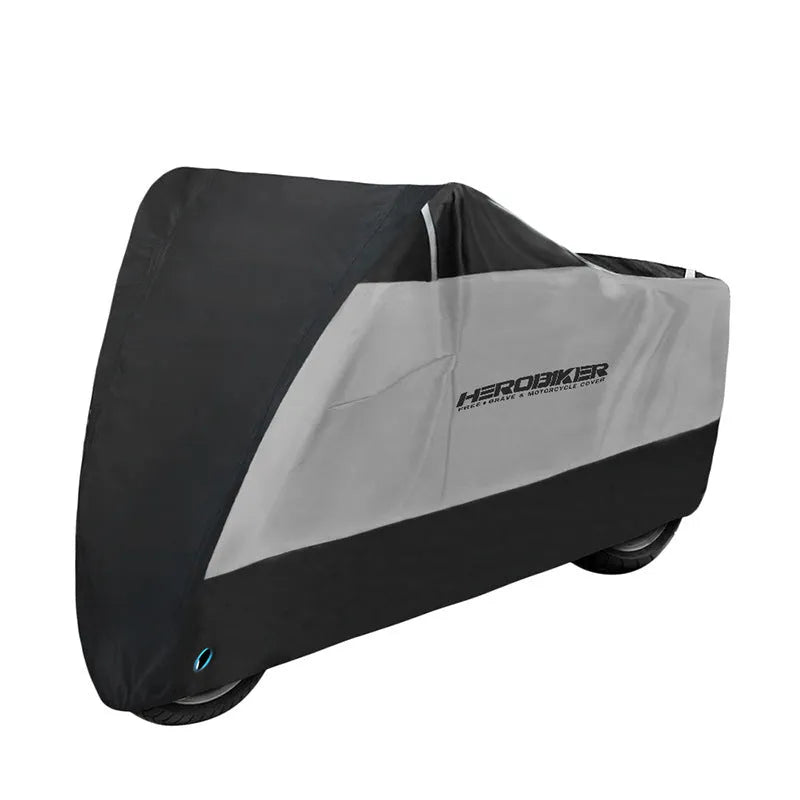 Black polyester electric vehicle cover with anti-theft and heat insulation features protecting a motorcycle body from rain and dust
