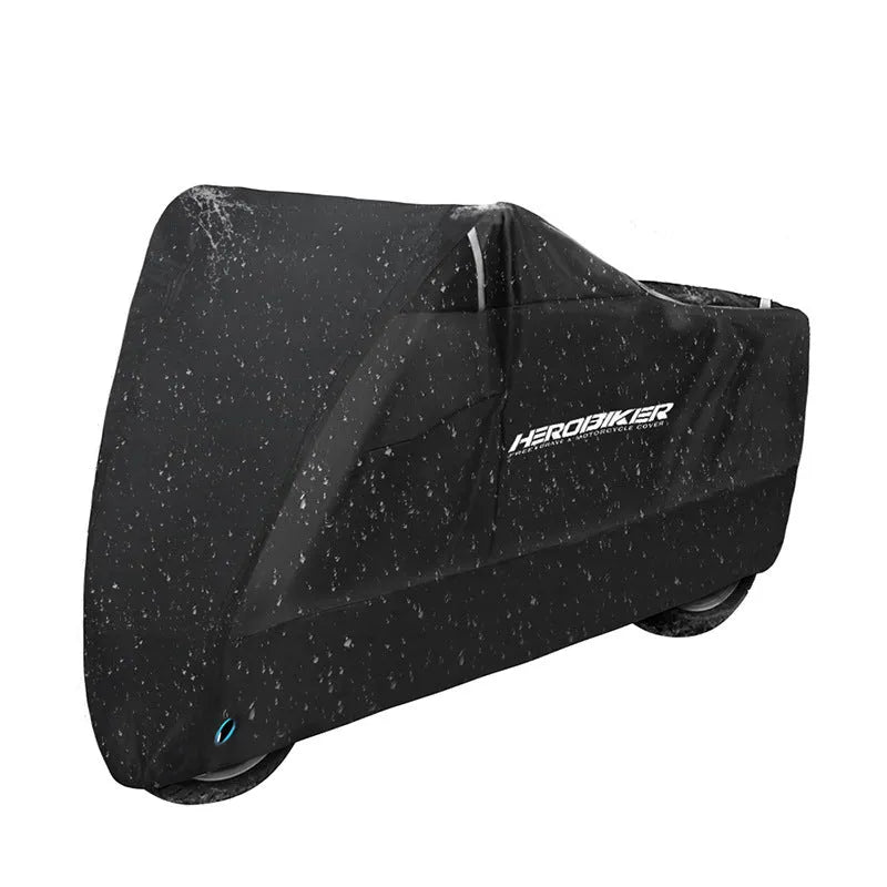 Black polyester electric vehicle cover with anti-theft and heat insulation features protecting a motorcycle body from rain and dust