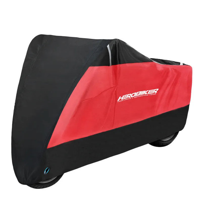 Black polyester electric vehicle cover with anti-theft and heat insulation features protecting a motorcycle body from rain and dust