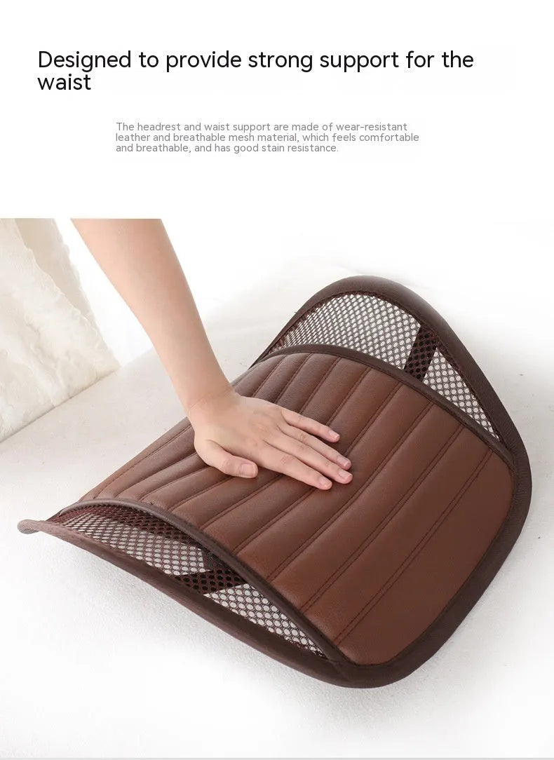 Leather lumbar support pillow for car seat in choice of five colours: blue, brown, black, ivory, and pink.