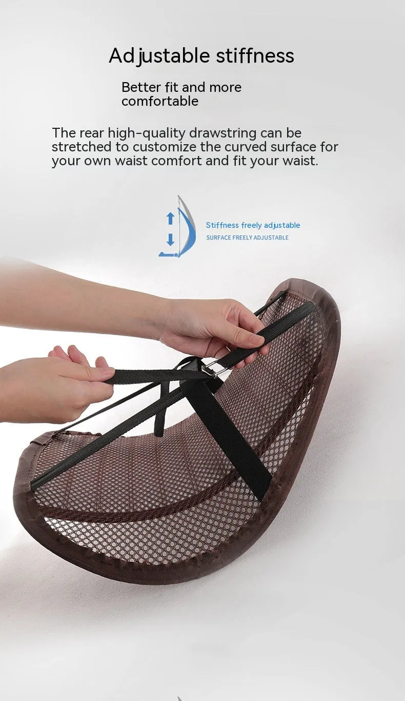 Leather lumbar support pillow for car seat in choice of five colours: blue, brown, black, ivory, and pink.