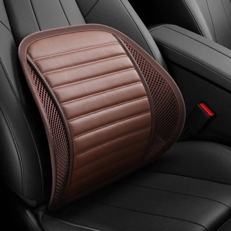 Leather lumbar support pillow for car seat in choice of five colours: blue, brown, black, ivory, and pink.