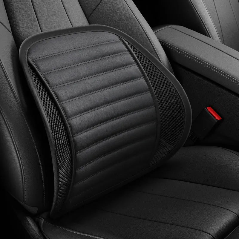 Leather lumbar support pillow for car seat in choice of five colours: blue, brown, black, ivory, and pink.