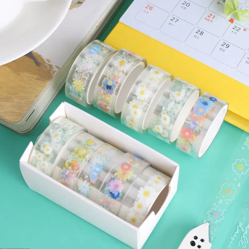 Transparent adhesive tape with colourful Midsummer Daisy cartoon pattern decoration on roll