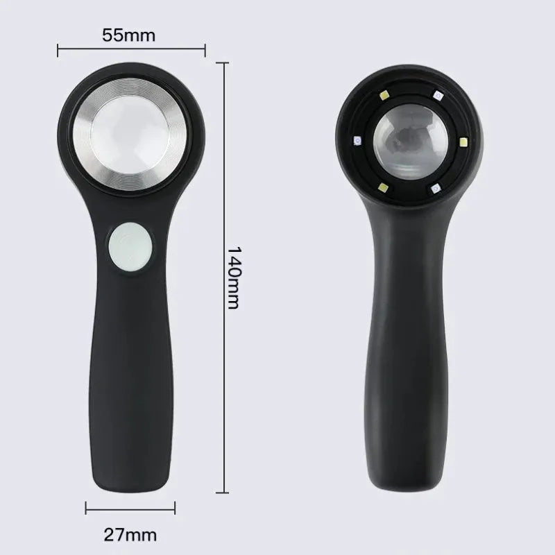 Black metal jeweller's loupe magnifying glass with adjustable stand on a wooden desk.