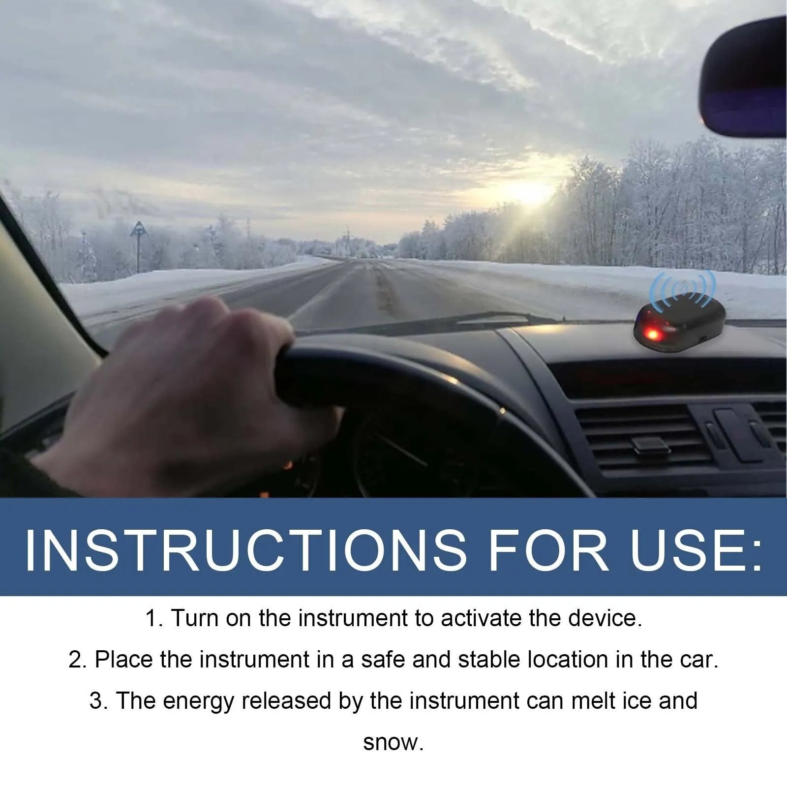 Black handheld car windscreen de-icer tool for melting ice and snow on vehicle glass.